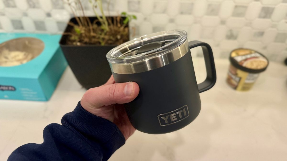 A Charcoal colored Yeti mug