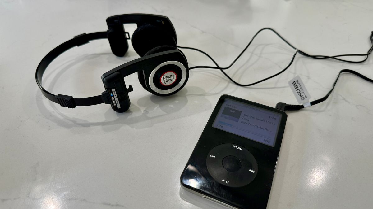 An iPod Classic and Koss PortaPro wired headphones